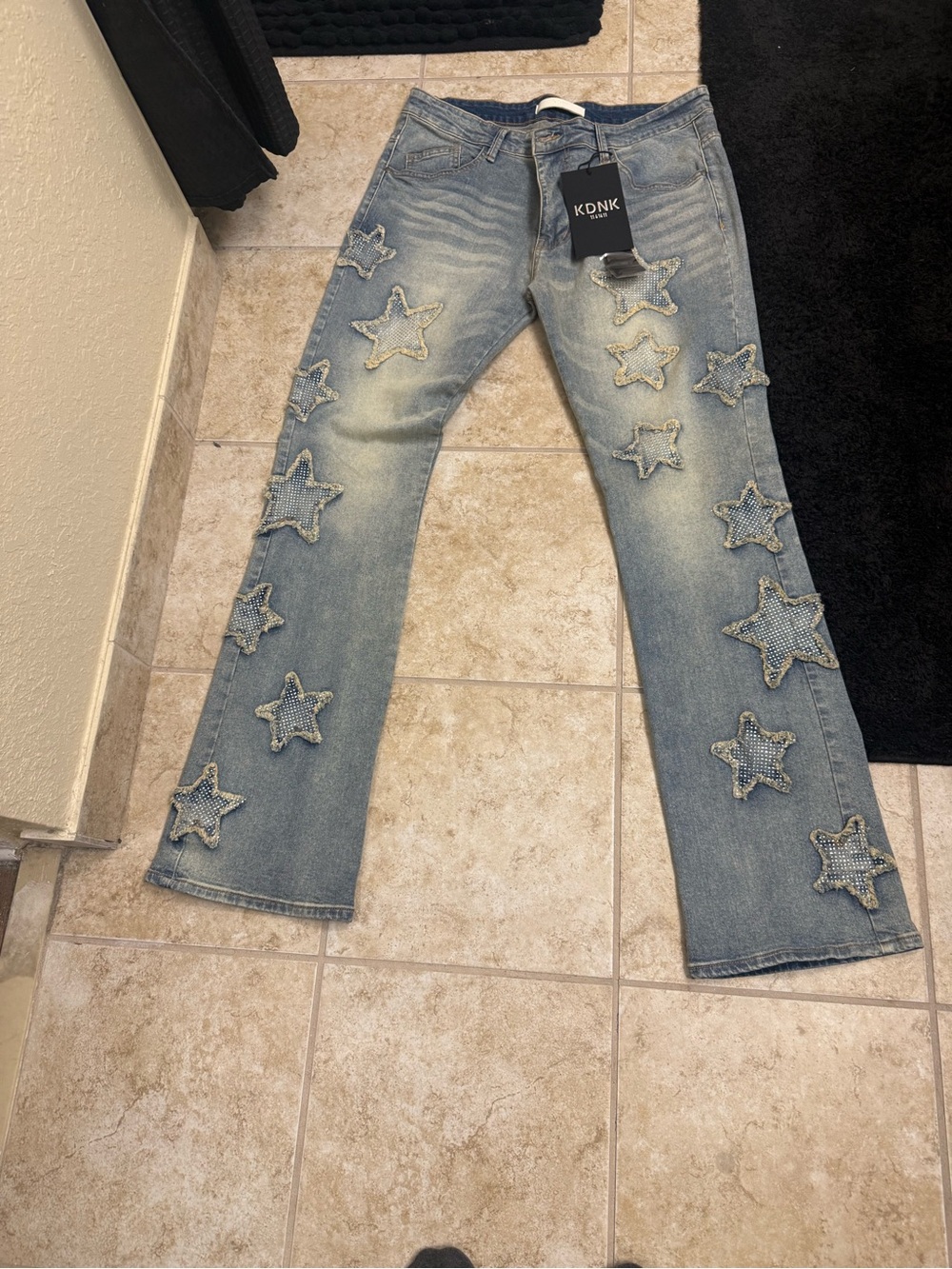 KDNK Men’s Light Blue Bootcut Jeans with Star Appliqués